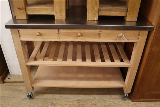 A modern steel top beech kitchen island unit W.120cm